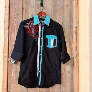 1901 Collection Western Button Down Shirt Embroidered Horse Buttons Rockabilly